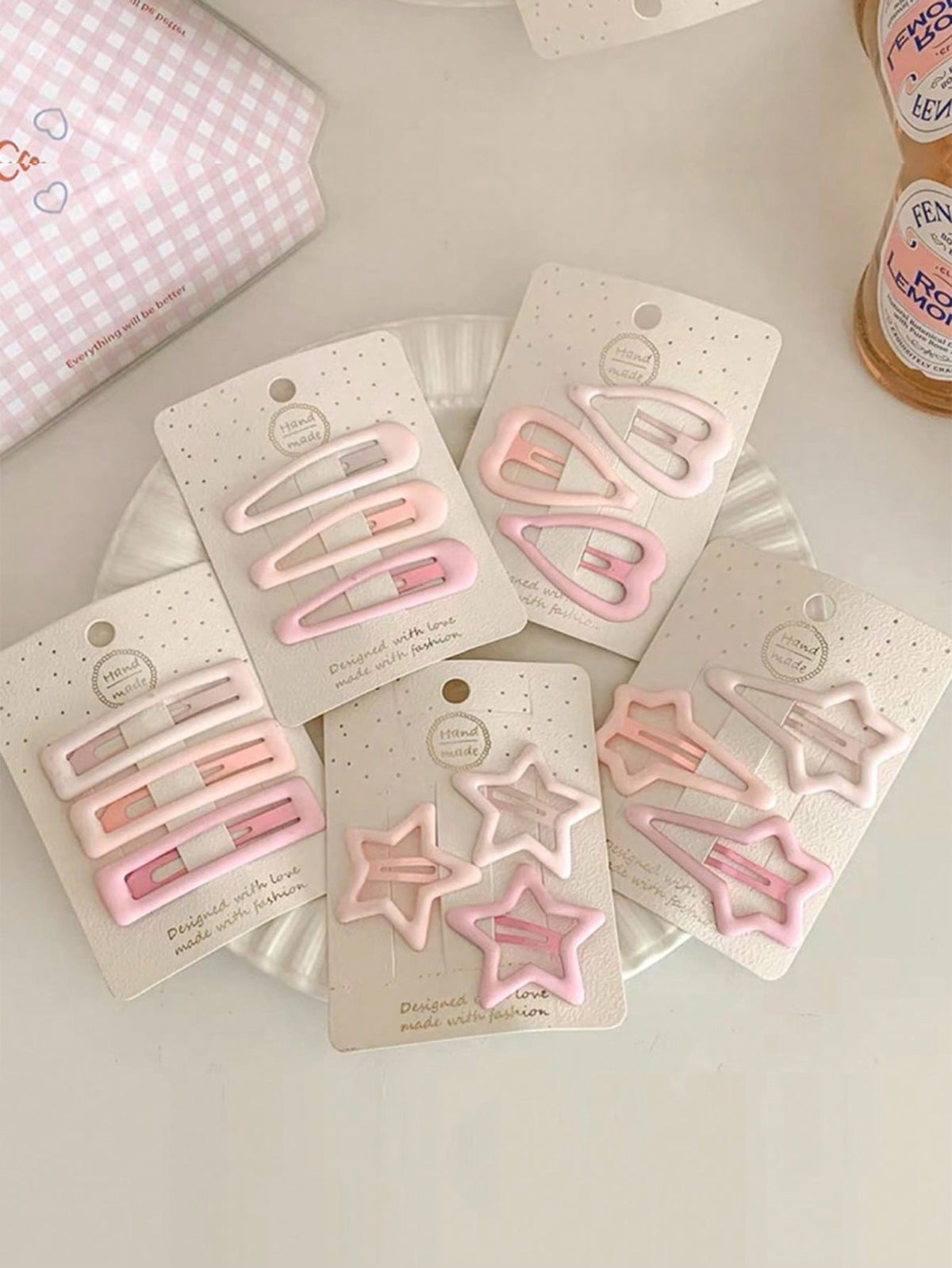 15-Piece Pink Heart & Star Hair Clip Set - Pink - 15 Pieces