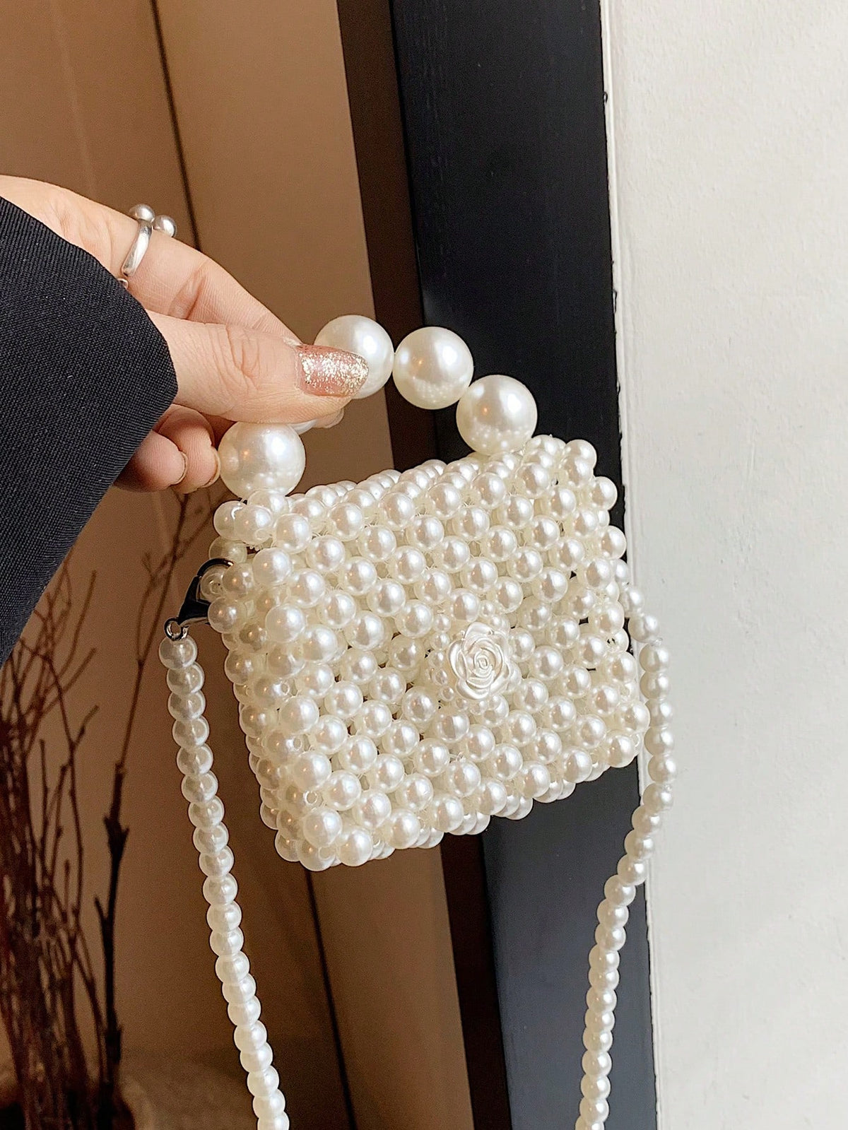 Handmade Faux Pearl Beaded Purse - White - One Size
