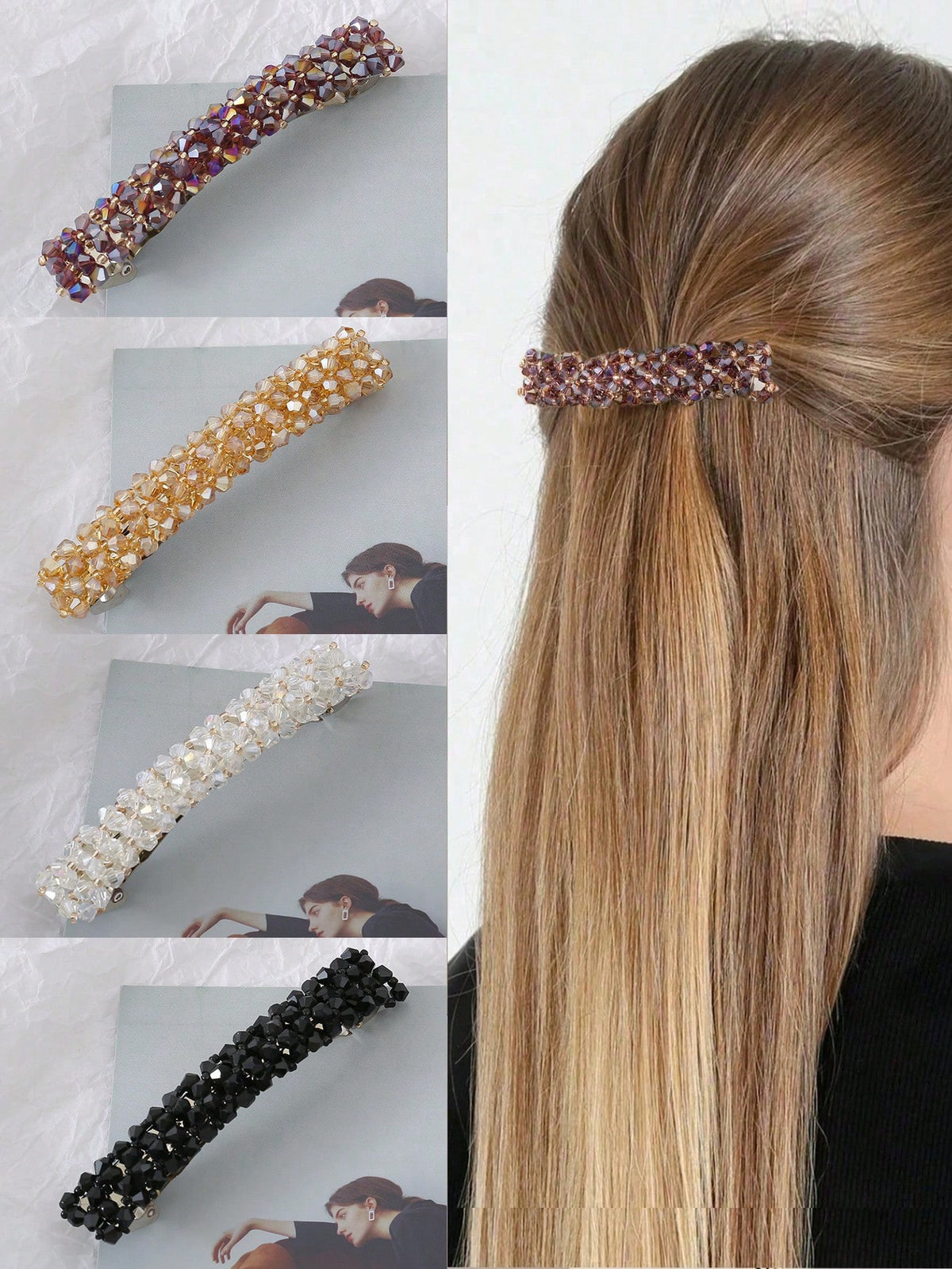 4-Piece Crystal Bead Barrette Hair Clip Set - Multicolor - One Size
