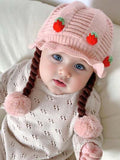 1pc Cute Strawberry Baby Hat With Faux Fur, Ear Flaps And Pom Pom, Knitted Winter Girls Hat, Thick, Comfortable, Cute, Warm — 1PC / 1-2Y / Pink