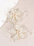 2-Piece Beige Chiffon Flower & Pearl Chain Hair Clips - Beige - 2 Pieces