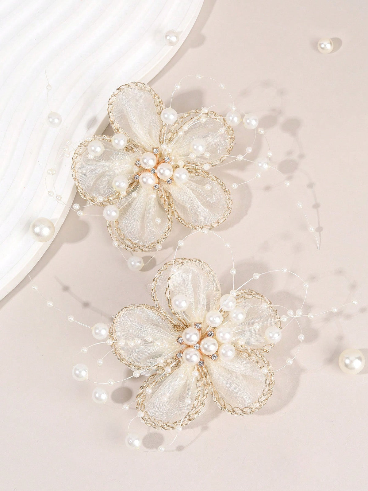 2-Piece Beige Chiffon Flower & Pearl Chain Hair Clips - Beige - 2 Pieces