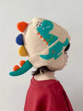 1pc Winter Knitted Hat For Children, Cartoon Dinosaur Pattern With Earmuffs, Cute And Warm, Suitable For Outdoor And Daily Use — Beige / 3-8Y