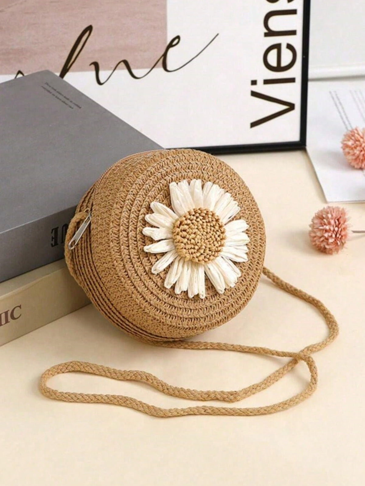 Girls' Sunflower Straw Crossbody Bag & Coin Purse - Khaki - One Size