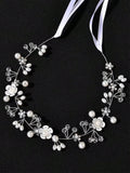 Floral Faux Pearl Rhinestone Hair Accessory - Silver - Silver - One Size