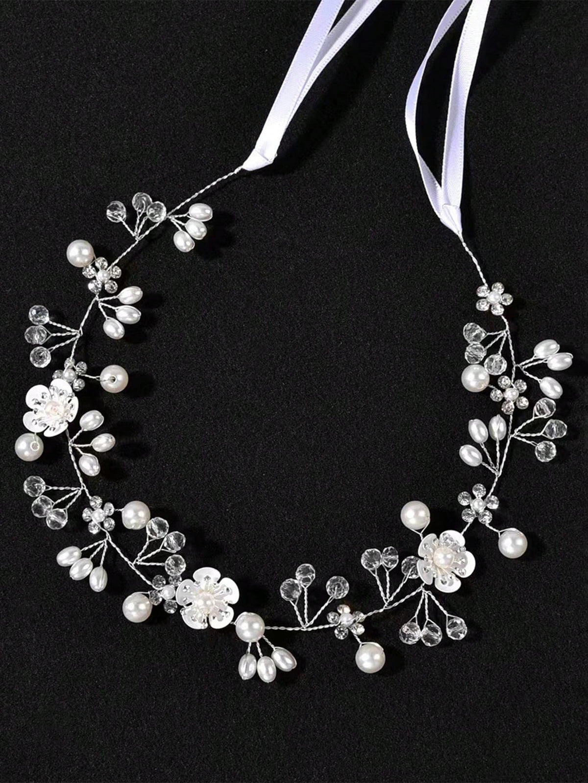 Floral Faux Pearl Rhinestone Hair Accessory - Silver - Silver - One Size