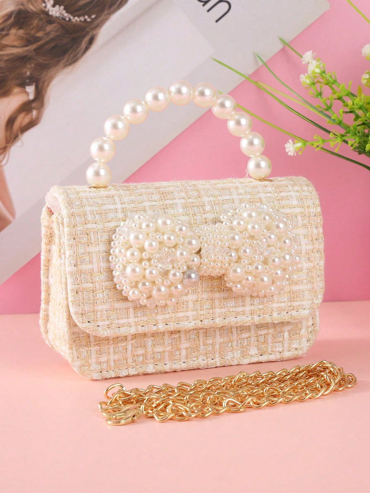 Large Pearl Bow Striped Flap Bag - Beige - One Size