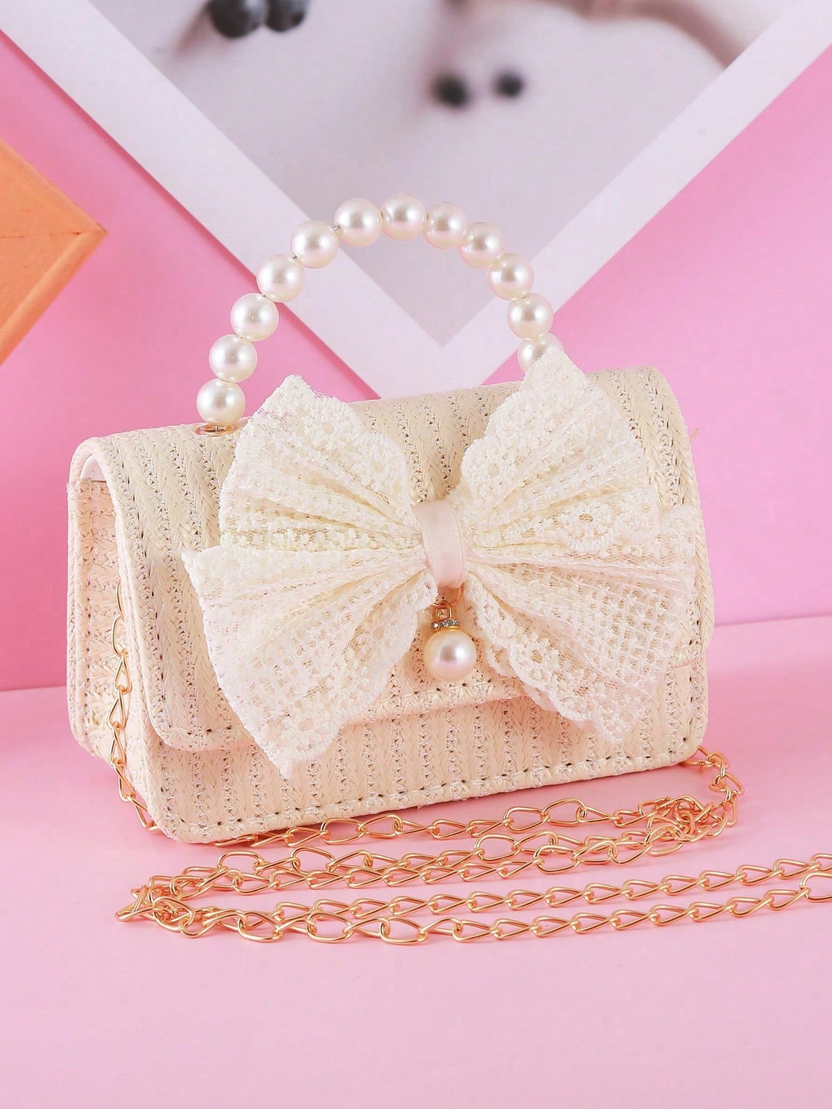 Children's Straw Woven Bag with Beaded Bow - Beige - One Size