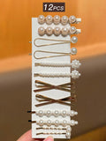 12-Piece Faux Pearl Metal Hair Clip Set - Multicolor - 12 Pieces