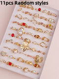 11-Piece Pink Rhinestone Ring Collection - Gold - Cat's Eye / 15-19 mm