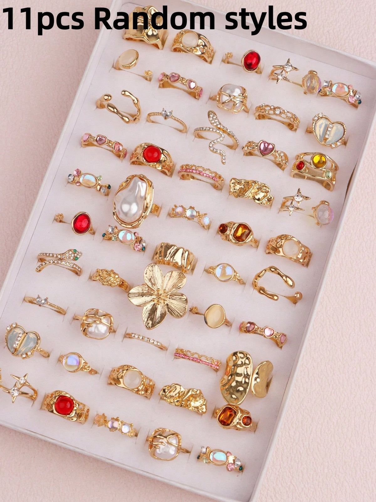 11-Piece Pink Rhinestone Ring Collection - Gold - Cat's Eye / 15-19 mm