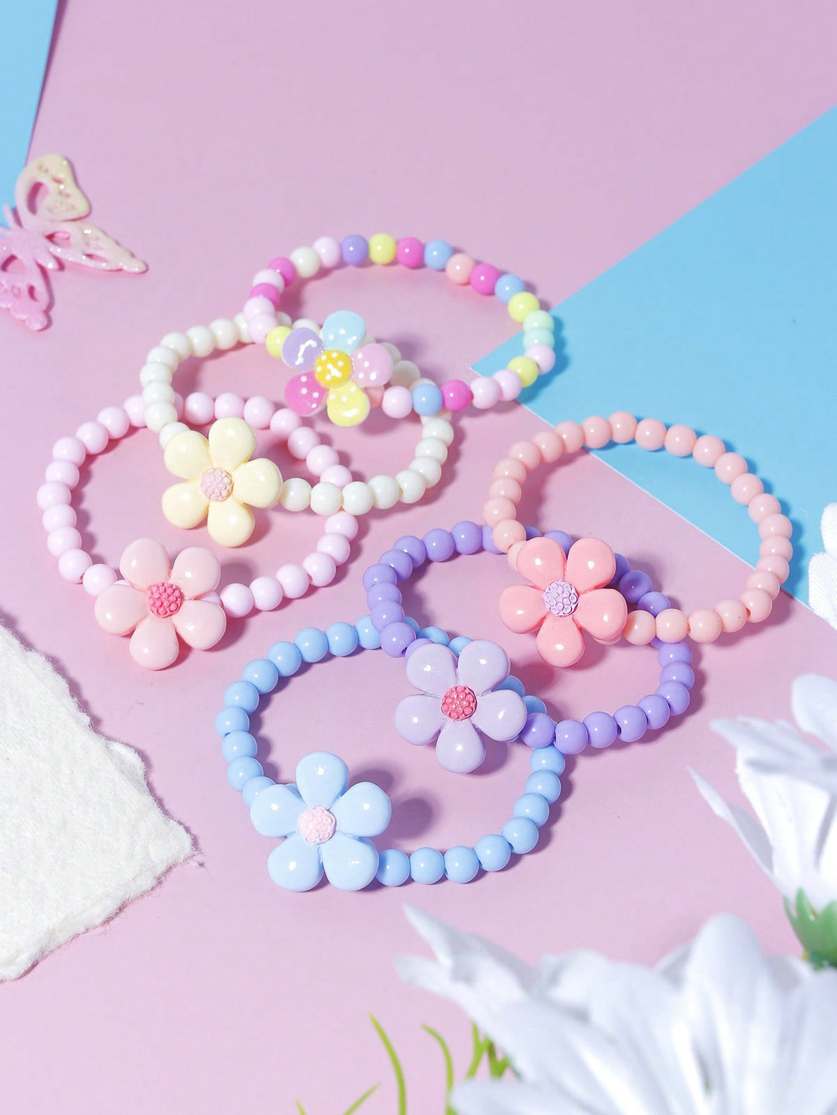 6-Piece Flower Pendant Pearl Beaded Bracelet Set - Multicolor - 6 Bracelets