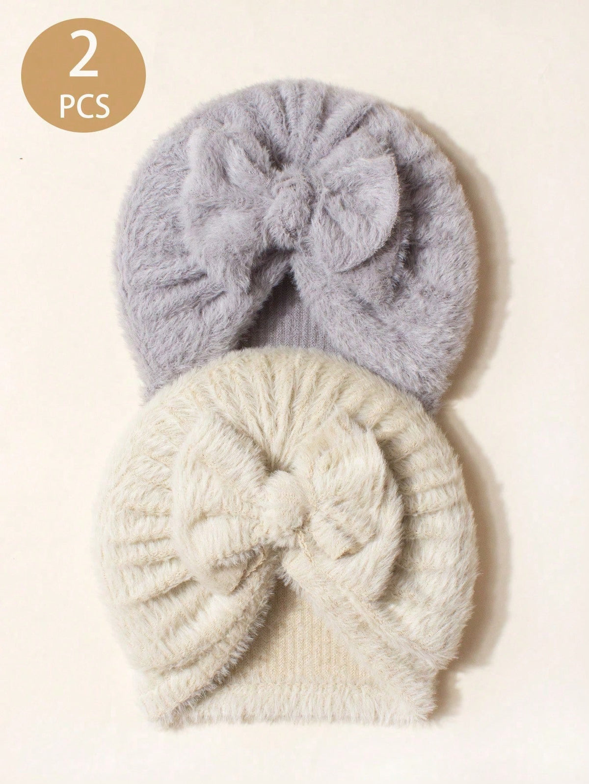 2-Piece Baby Bow Knot Hat Set - Beige & Gray - Beige & Gray - 0-3Y