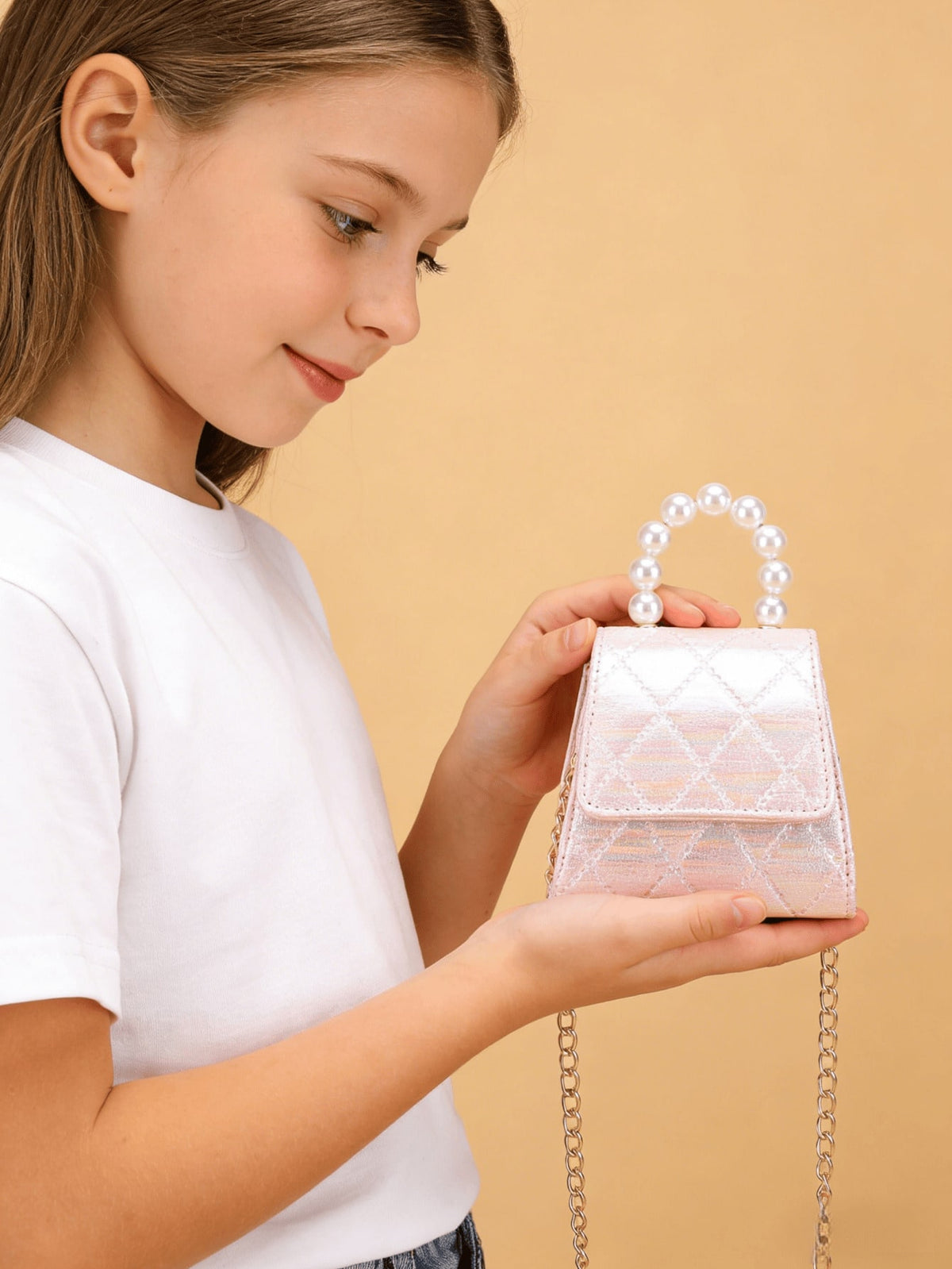 Girls' Pearl PU Leather Small Crossbody Bag - Pink - One Size