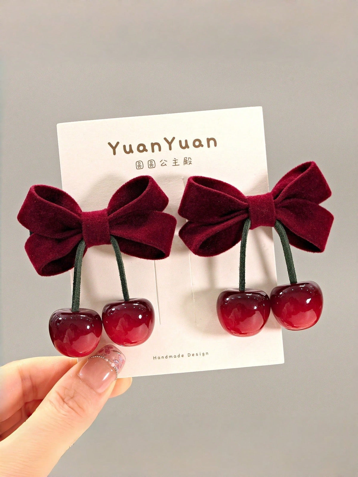 2-Piece Velvet Cherry Bow Hair Clip Set - Cherry Red - 2 Pieces