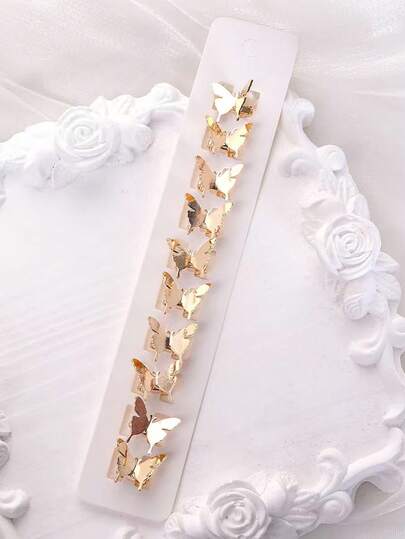 10pcs Metal Butterfly Hair Clips, 1pc Open Weave Hair Clip For Girls, Braids Holder Accessories, Hip Hop Style Hair Decor — Gold