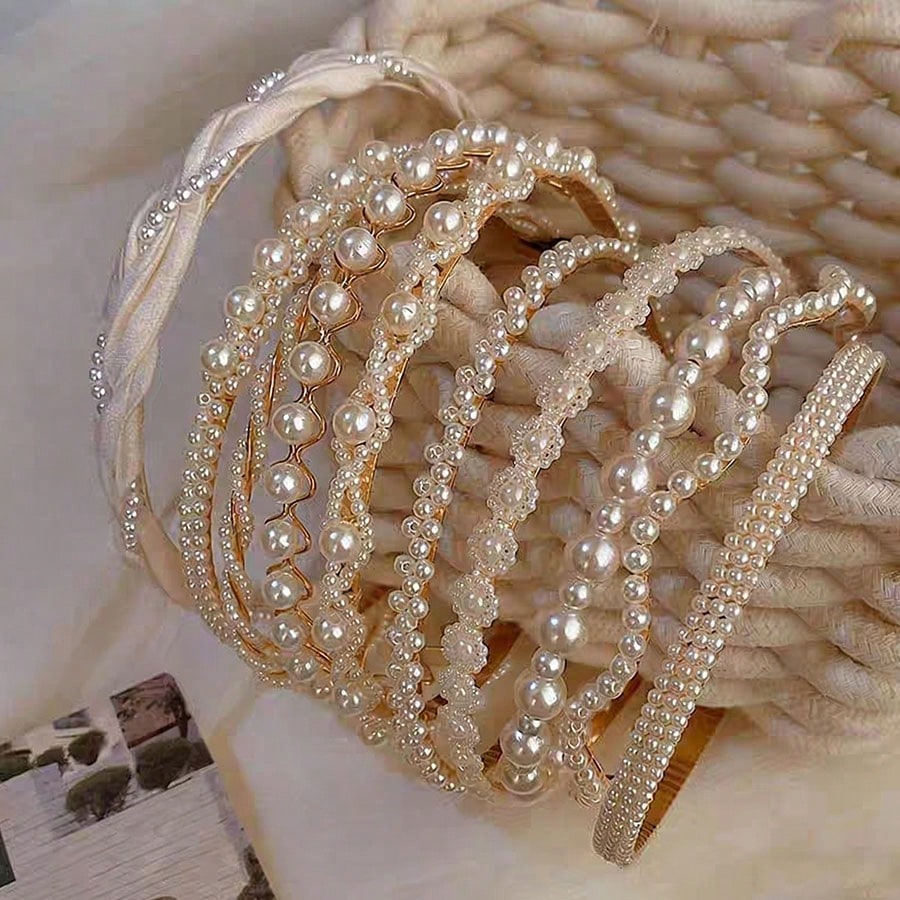 10-Piece Faux Pearl Headband Set - White - 10 Pieces