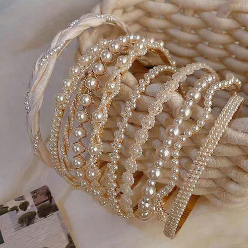 10-Piece Faux Pearl Headband Set - White - 10 Pieces