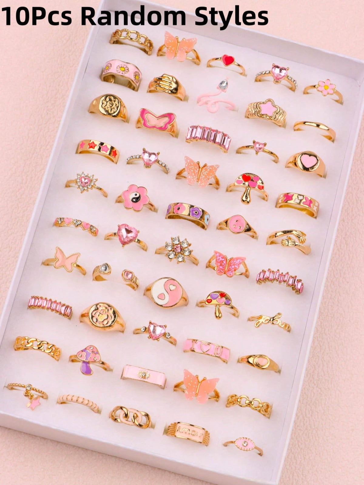 11-Piece Pink Rhinestone Ring Collection - Gold Pink - Pinky Rings / 15-19 mm