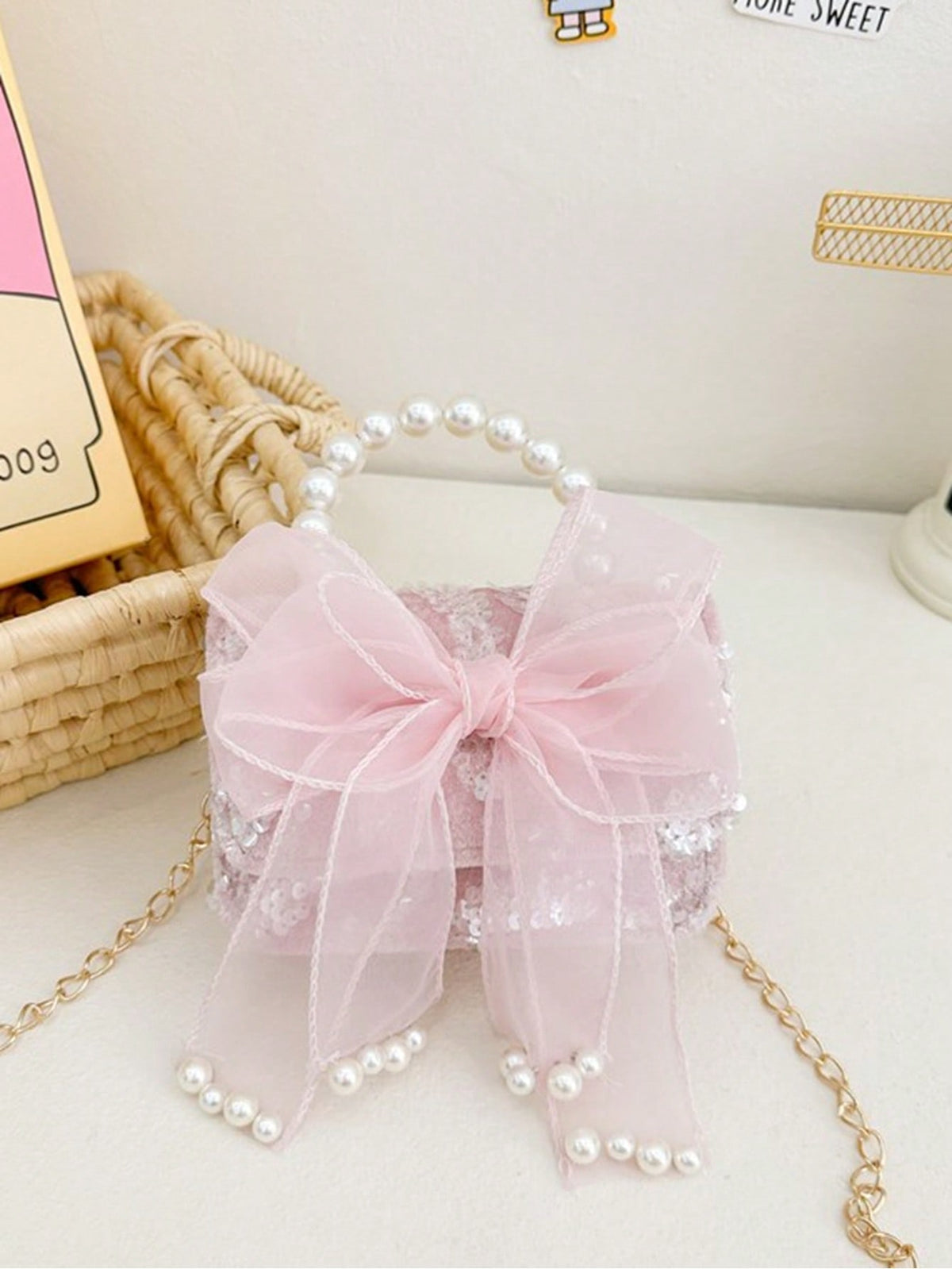 Girls' Pearl Bow Crossbody Bag - Pink - One Size