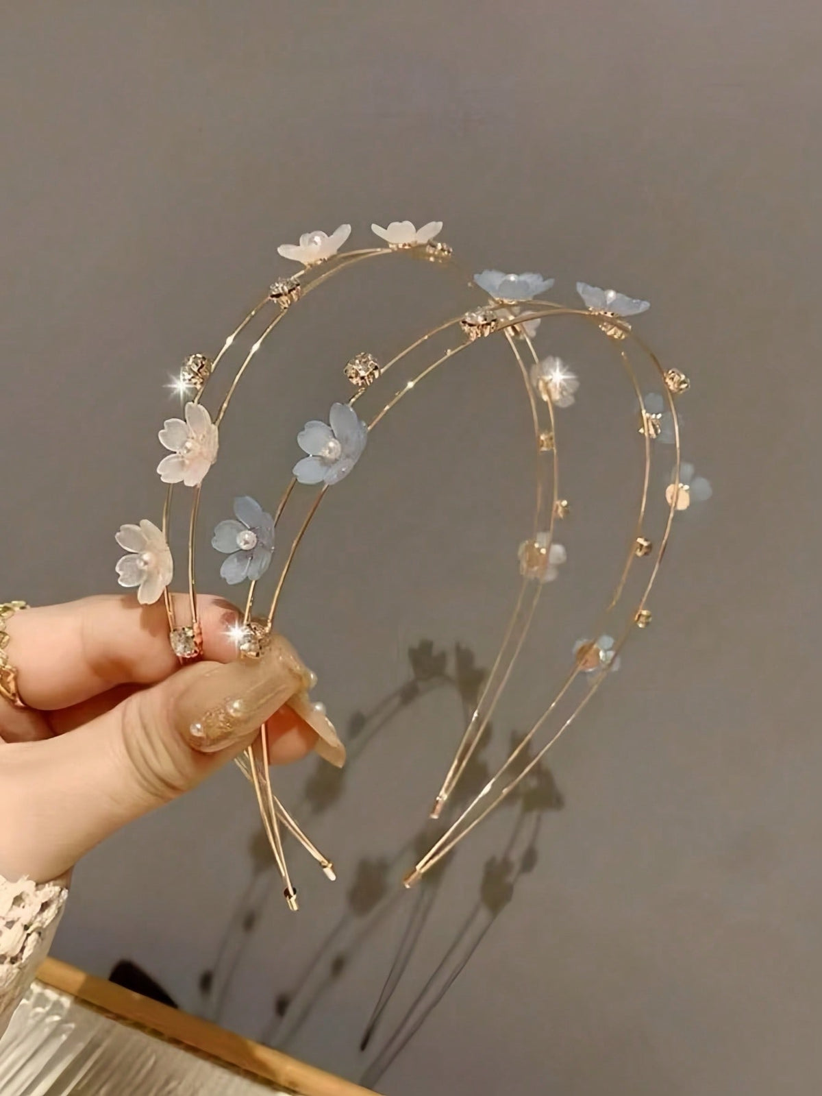 2-Piece Fairy Flower Crystal Headband Set - Pink & Blue - 2 Pieces