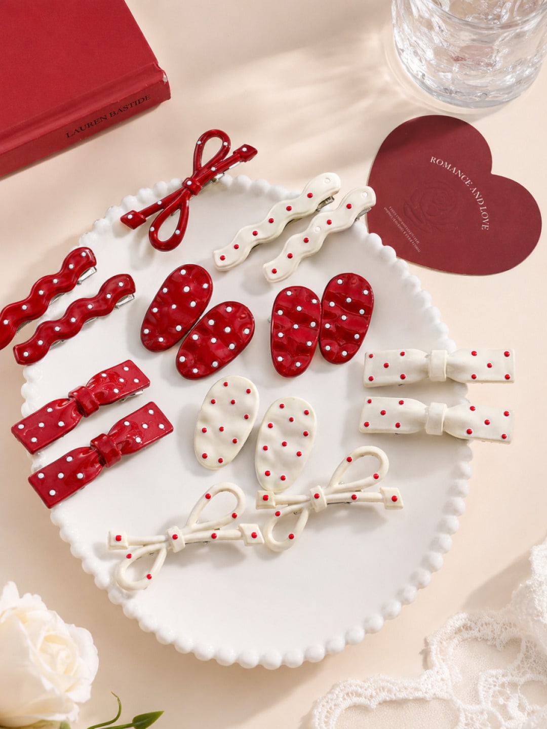 8-Piece Vintage Red Polka Dot Bow Hair Clip Set - Multicolor - 8 Pieces