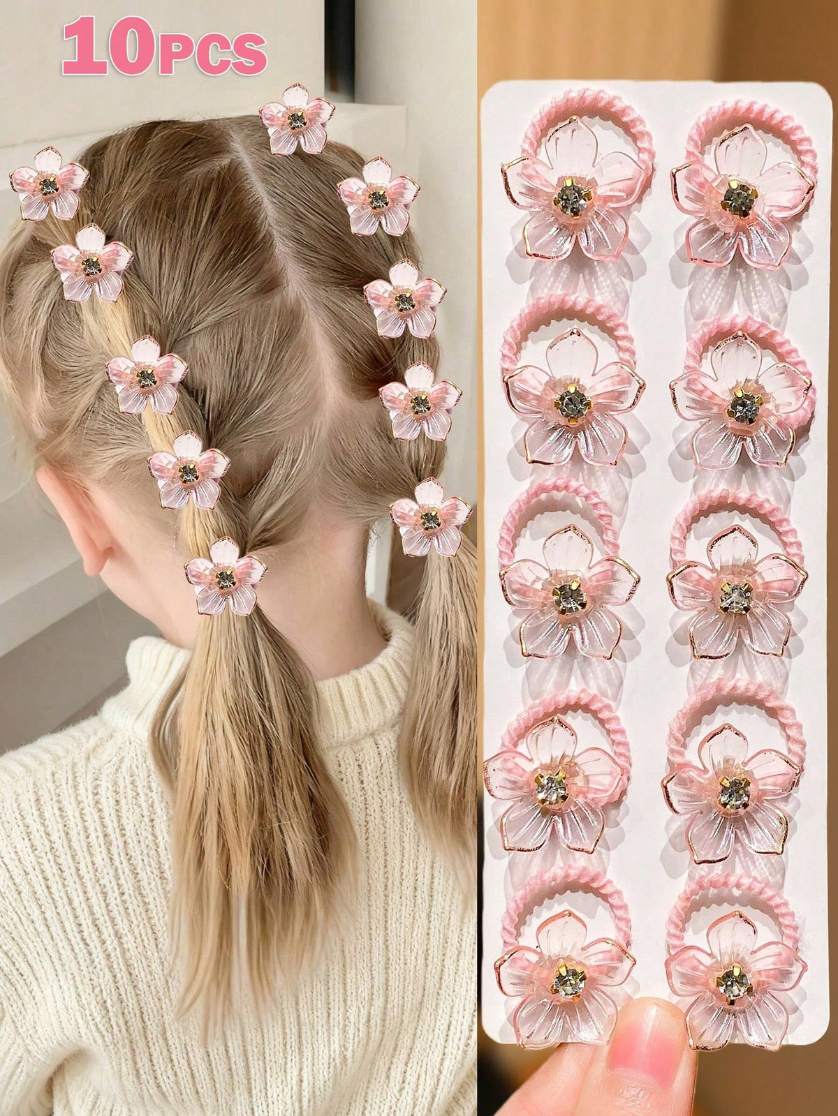 10-Piece Ribbed Rhinestone Flower Hair Ties - Multicolor - 10 Pieces