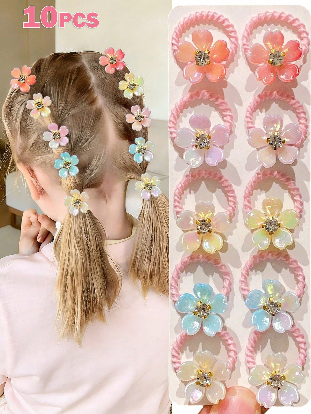 10-Piece Y2K Ribbed Rhinestone Flower Scrunchies - Mixed Color - 10 Pieces