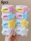 8pcs Girls Dopamine Color Cute Sweet Large Plush BB Clips Star Shaped Hair Clips For Bangs, Back Of Head, Side Hair, Hair Accessories, Versatile For Daily Wear — Multicolor