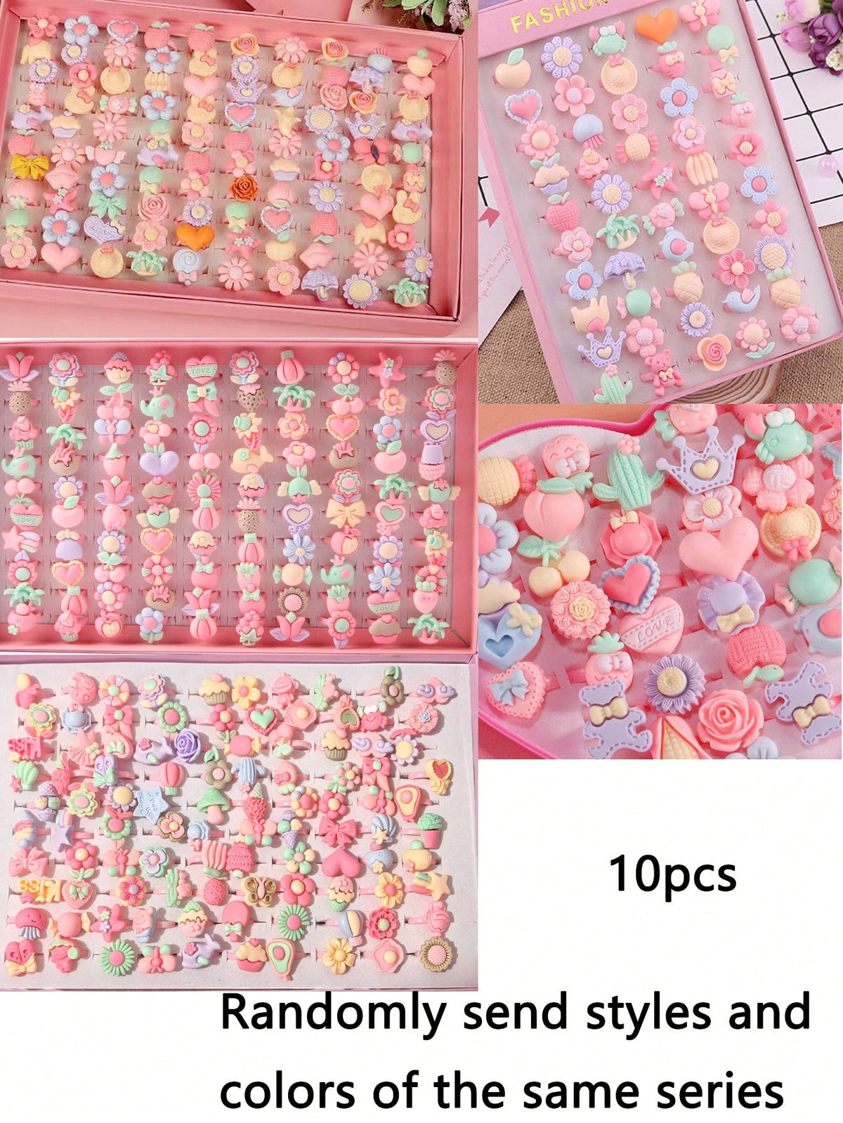 10-Piece Girls' Cartoon Resin Ring Set - Multicolor - 1.4 cm Open Ring