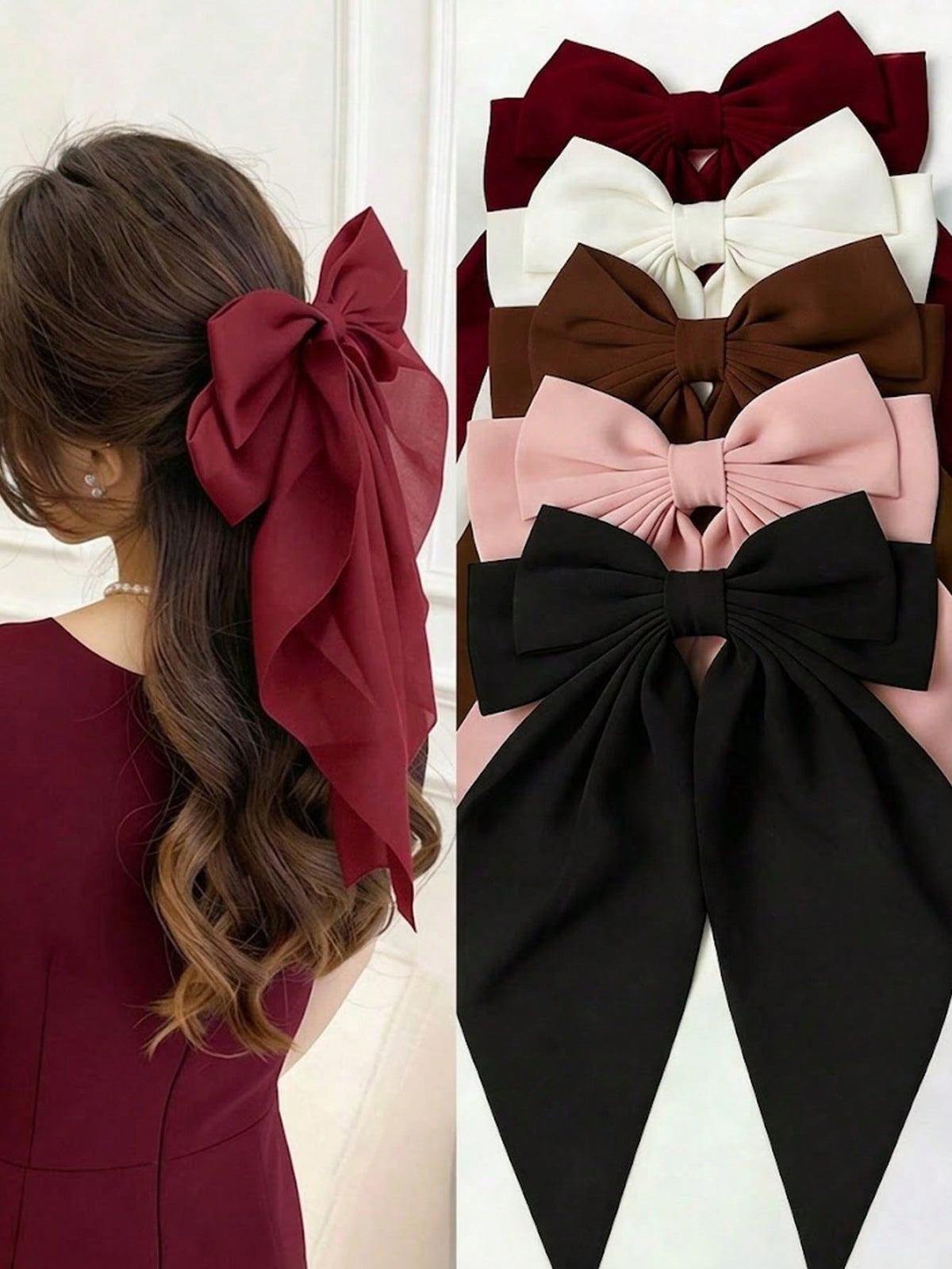 5-Piece Textured Large Ribbon Bow Hair Clip Set - Multicolor - 5 Pieces